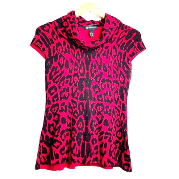INC Women'ss Red Leopard Ocelot Print Cowl Neck Top Short Sleeve Punk Size P - Picture 1 of 9